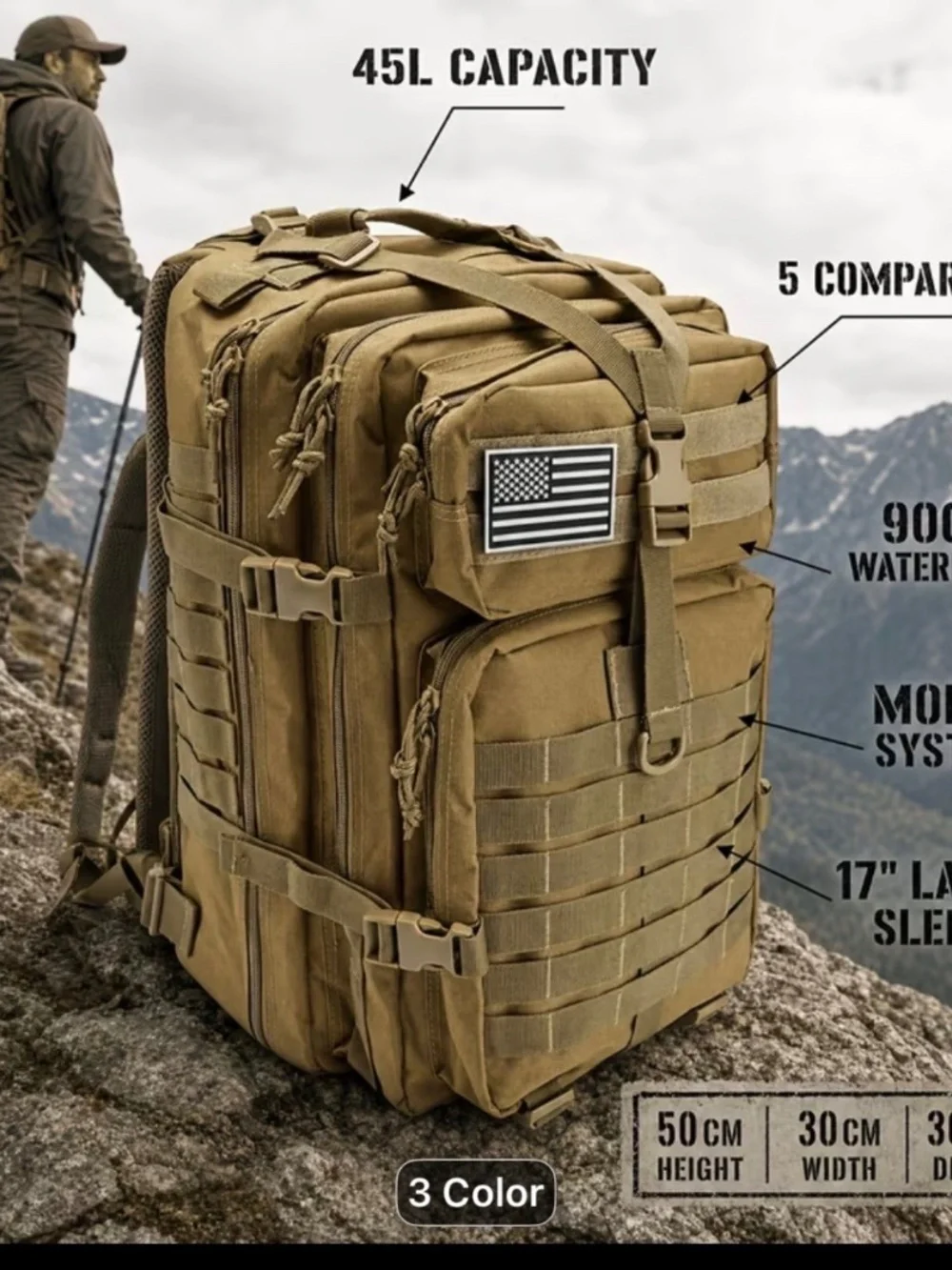 Tactical Military-Style Backpack in Coyote Brown